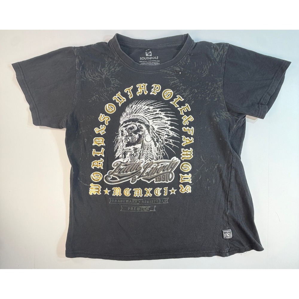 Southpole Boys Black Graphic T-Shirt Skull Headdress MCMXCI Size 14-16 XL